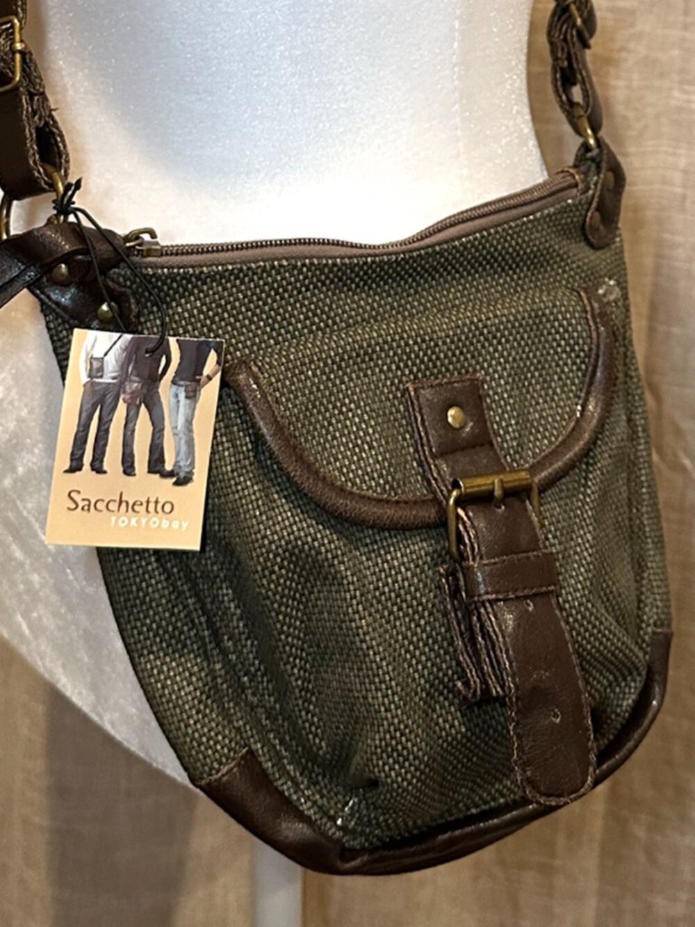 TOKYObay Sacchetto Angler Olive Green Canvas Crossbody Bag Leather Trim NWT